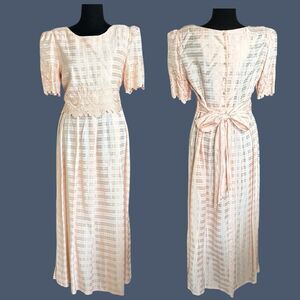 Vintage Sarah Elizabeth Long Dress Peach Lace Trim Overlay Lined